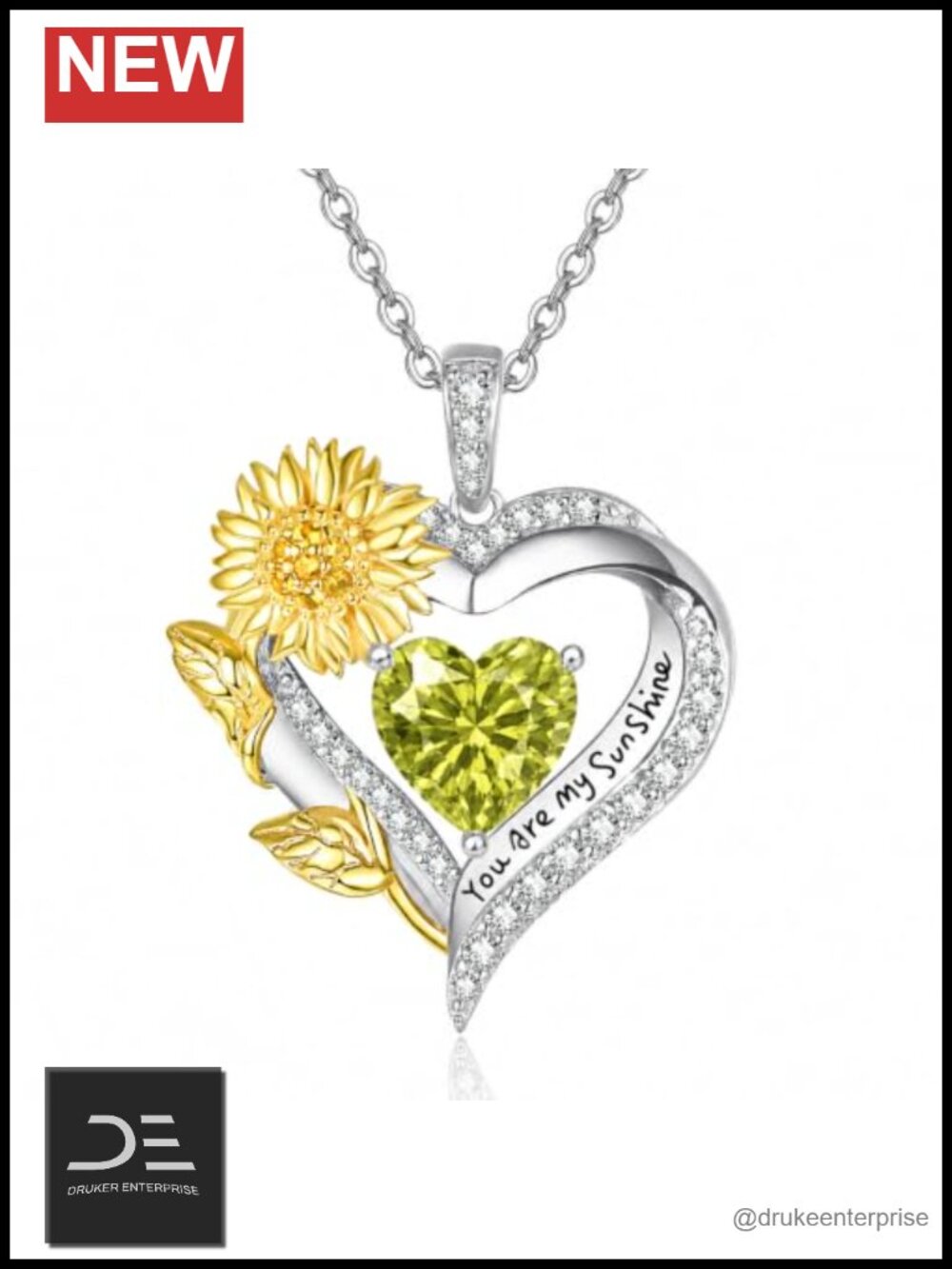 You Are My Sunshine Sunflower Necklace Sterling Silver Double Heart Pendant